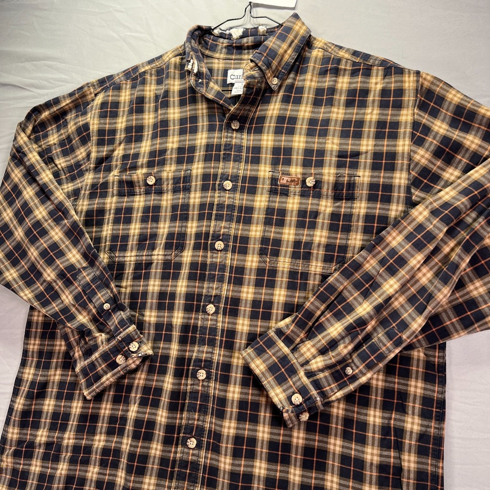 Carhartt Flannel Shirt Men Tall Large LT Brown Plaid Button Down Outdoor Work